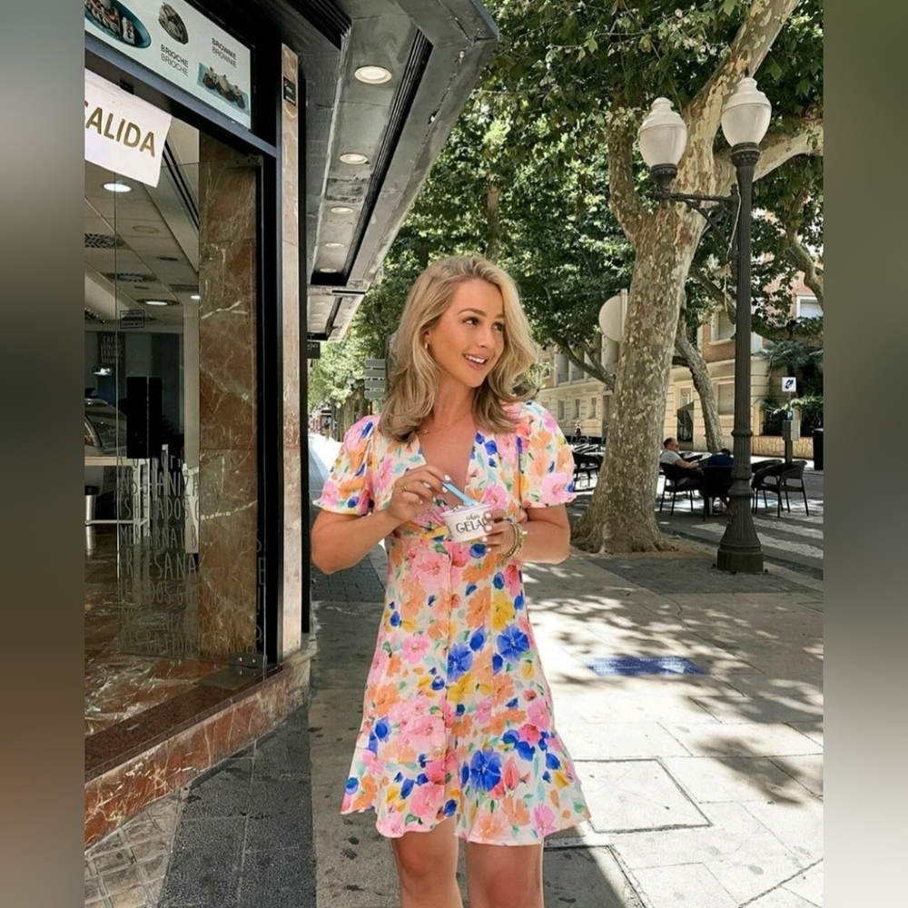 Zara Peach Floral Print Dress with Multicolor Blooms M - Picture 4 of 7